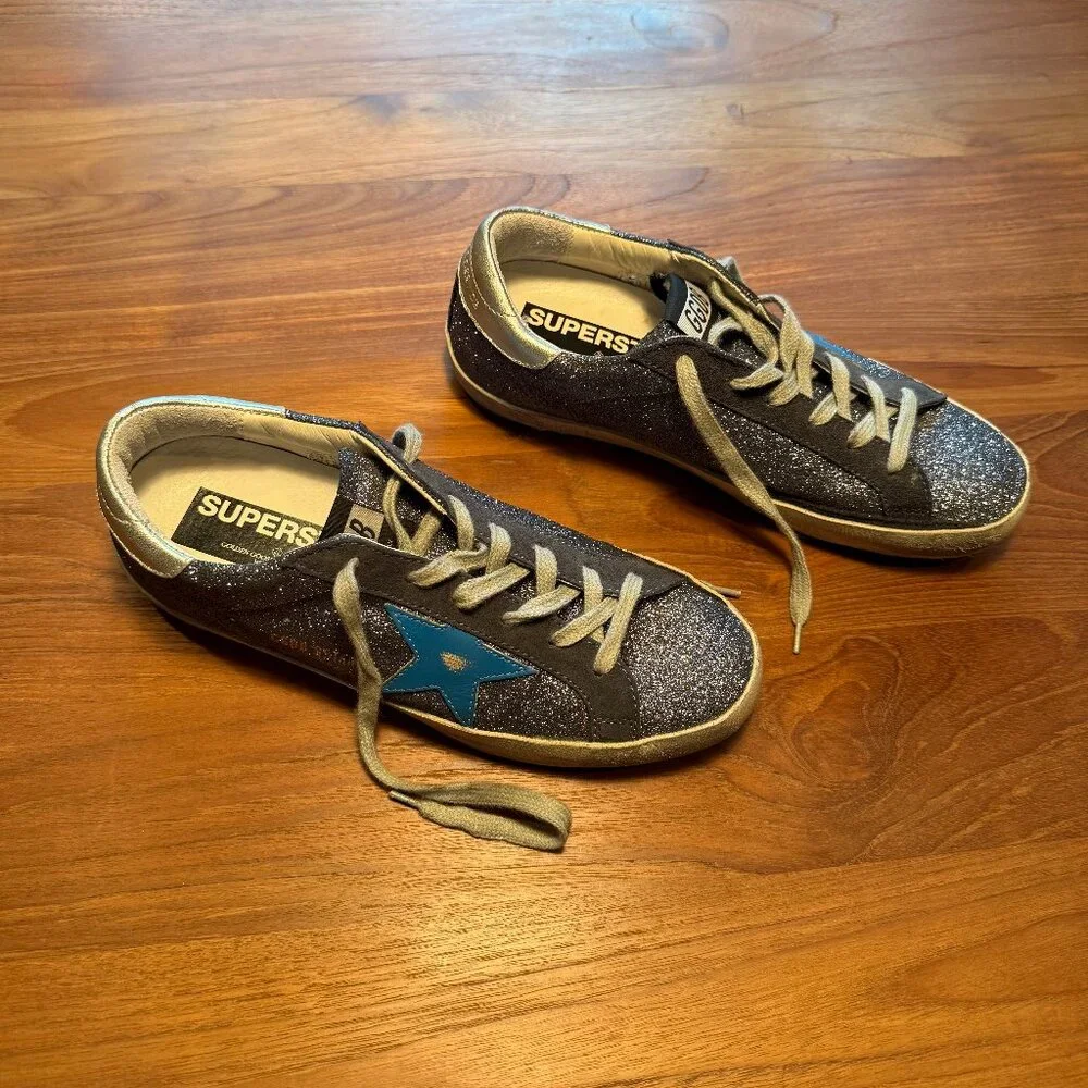 Golden Goose GGDB Women's Super Star Grey‎ Glitter Sneakers with Blue Star EU 40